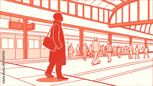 Graphic illustration of a person walking on a train station platform with commuters in an orange monochromatic style.