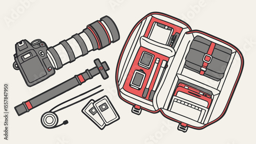 Photography Travel Kit Flat Lay Illustration: DSLR Camera, Telephoto Lens, Monopod, and Organized Gear Bag