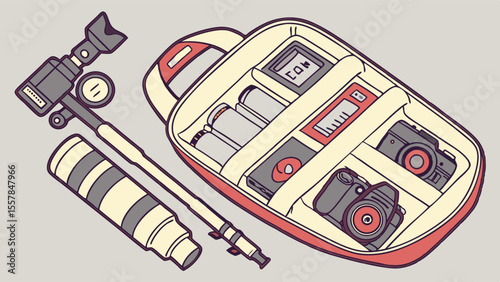 Photography Gear Kit in Camera Bag with Cameras, Lenses, and Accessories. Flat Vector Illustration for Travel and Professional Use.