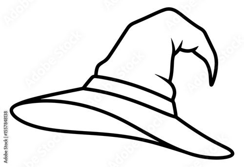 Simple black and white line drawing illustration of a classic witch hat