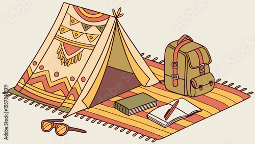 Bohemian Tent Camping Setup Illustration with Backpack, Book & Sunglasses on Striped Rug