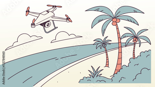 Drone flying over tropical road with palm trees, capturing scenic travel and technology