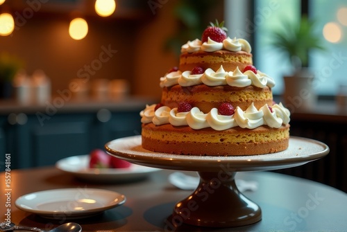 A beautifully layered strawberry cake with frosting, perfect for a festive occasion.