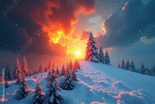 A breathtaking winter sunset illuminates a snowy landscape with pine trees.