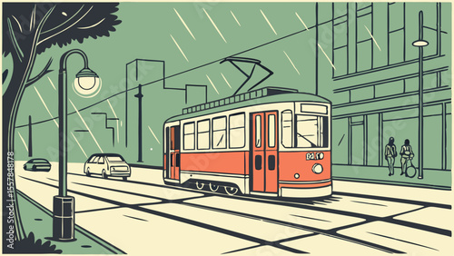 Vintage Tram on Rainy City Street Illustration