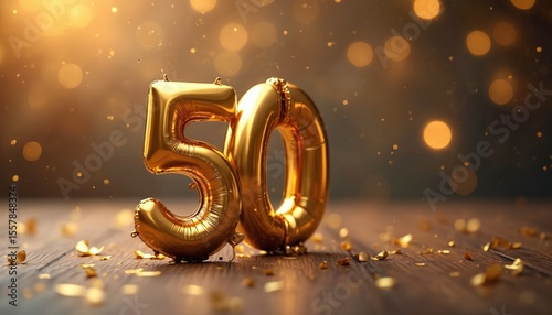 Golden foil number 50 balloon on wooden surface. Anniversary celebration with bokeh background and confetti. Perfect for milestone birthdays wedding parties and golden jubilee events.
