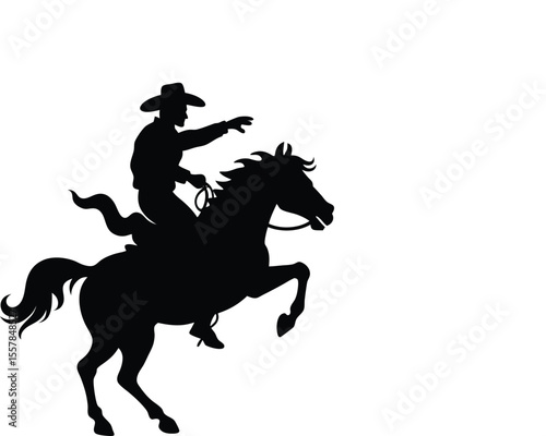 Cowboy on Bucking Bronco Silhouette,  Rodeo Rider Wild West Vector Art.