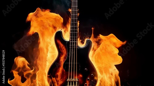 Isolated black bass guitar engulfed in dynamic orange and yellow flames against a dark background, evoking themes of passion and energetic music.