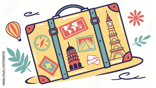 Illustrated Retro Travel Suitcase with World Landmark Stickers and Adventure Elements
