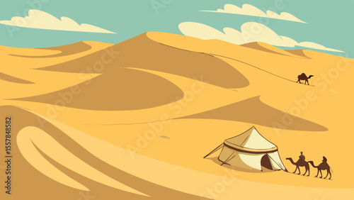 Desert Landscape with Camel Caravan and Tent Camp - Travel Illustration