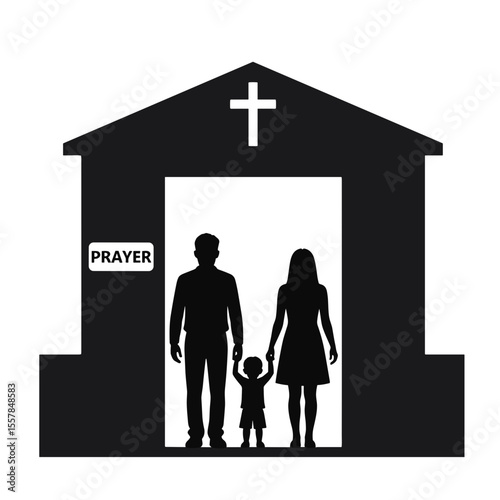 Family entering airport prayer room with child and cross symbol  