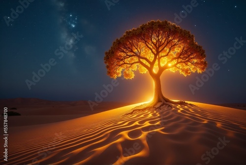A glowing tree stands in a sandy desert under a starry sky, creating a magical scene.