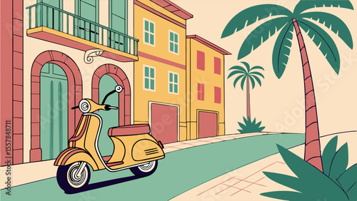Yellow Retro Scooter Parked on a Sunny Mediterranean Street with Palm Trees and Colorful Buildings