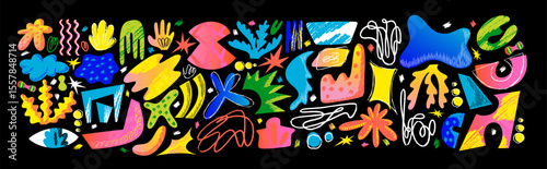 Abstract shapes and objects. Geometric art. Vector illustrations of curve squiggle, doodle, line, spot, gradient, dot for background, pattern or design. Colorful Chaos