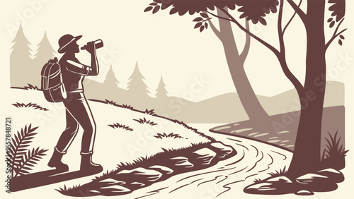 Monochromatic Illustration of Hiker with Binoculars Exploring Nature Landscape