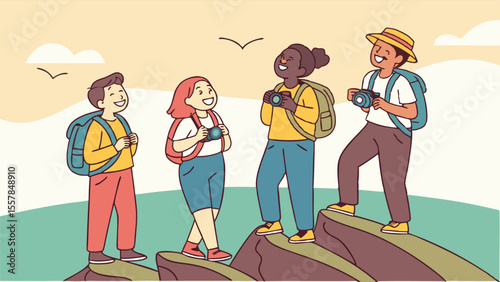 Diverse group of friends hiking, exploring, and taking photos outdoors