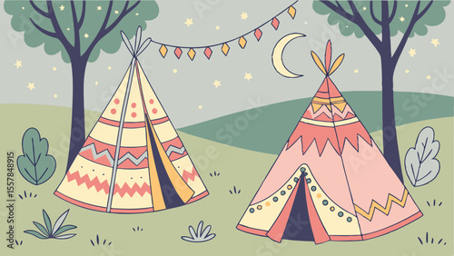 Whimsical Tipi Camping Night Scene with Moon, Stars, and Decorative Lights in Nature Illustration