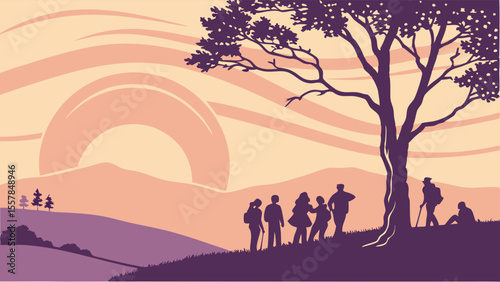 Group of hikers watching mountain sunset. Friends on a hilltop enjoying nature and adventure at dawn or dusk.