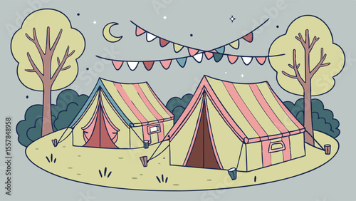 Night Camping Illustration with Striped Tents, Moon, Stars, and Festive Bunting