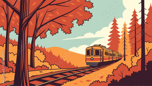 Scenic train journey through vibrant autumn landscape. Flat vector illustration of a railway trip in fall colors.