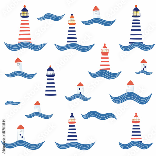Flat illustration of various cartoon lighthouses with playful wave elements on white background, ideal for children's products, packaging and coastal-themed decoration
