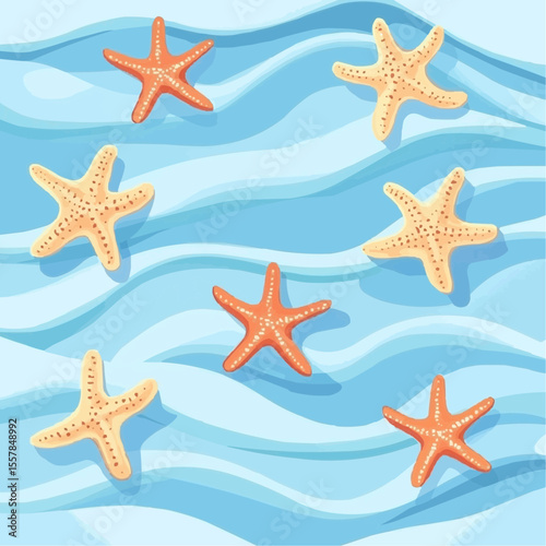 Flat drawing of bright cartoon starfish placed on blue water surface with flowing wave lines, ideal for children’s products, wrapping and playful decor