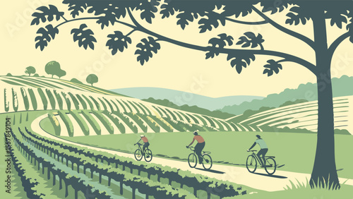 Leisurely bicycle ride through a scenic vineyard. Cyclists enjoying nature in a beautiful rural landscape with rolling hills and trees.