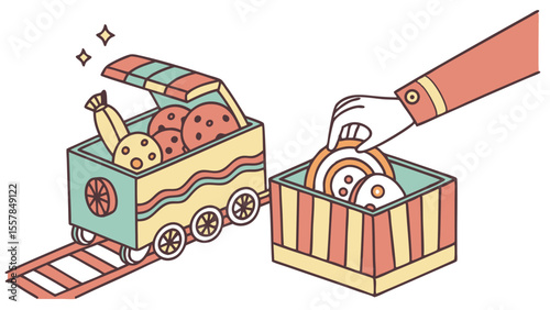 Whimsical illustration of a train car filled with cookies and candies, with a hand placing more treats into a striped box.
