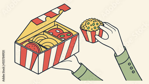 Isometric Lunch Box and Snack Illustration with Hands Holding Prepared Meal