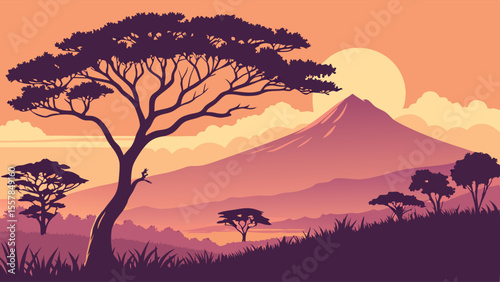 Vibrant African Savanna Sunset with Mountain and Acacia Tree. Flat Design Landscape Illustration.