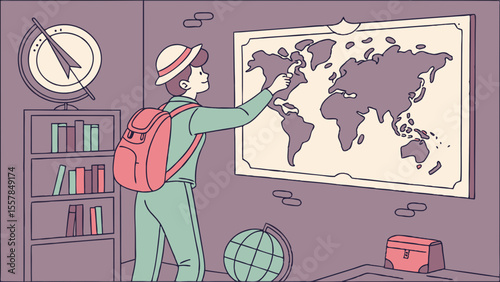 Traveler planning global adventure with world map, compass, and backpack