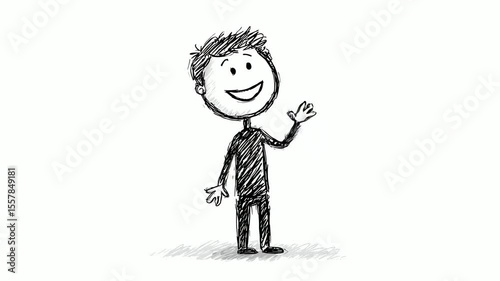 A sketched cartoon figure stands smiling and waving hello