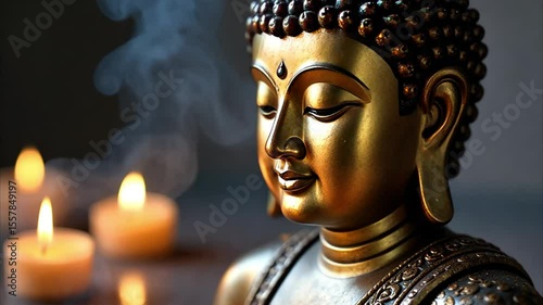 golden Buddha statue with a serene expression is surrounded by glowing candles on a blurred dark background with bokeh lights, symbolizing meditation, spirituality, Buddhism, wellness, mindfulness. 4K