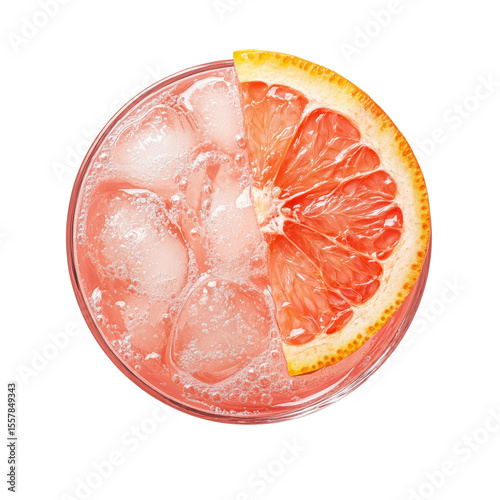 Pink grapefruit soda with ice and slice isolated on black