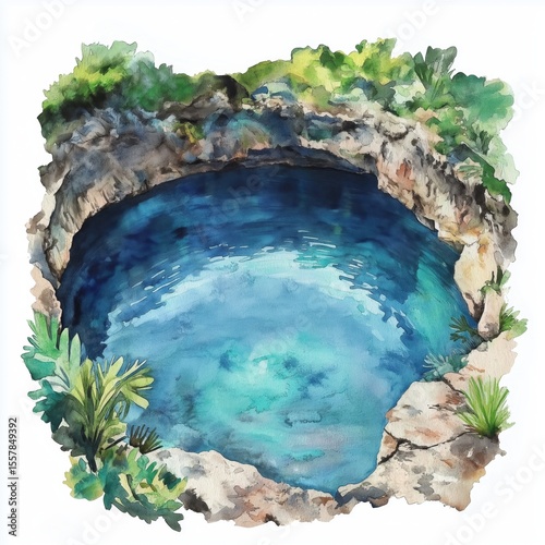 Blue Hole in Jamaica. Blue Hole in Jamaica hand drawn watercolor illustration