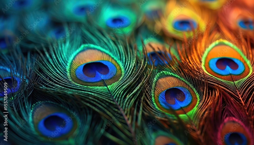 Fototapeta premium Close-up peacock feathers details showing iridescent colors, intricate patterns. Rich blue, green, gold, orange feather texture. Decorative design. Exotic birds natural beauty, vibrant colorful