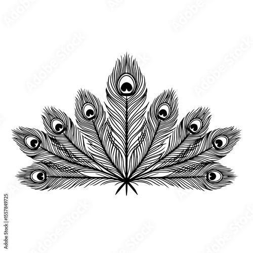 Black and white peacock feather design in minimalistic style  