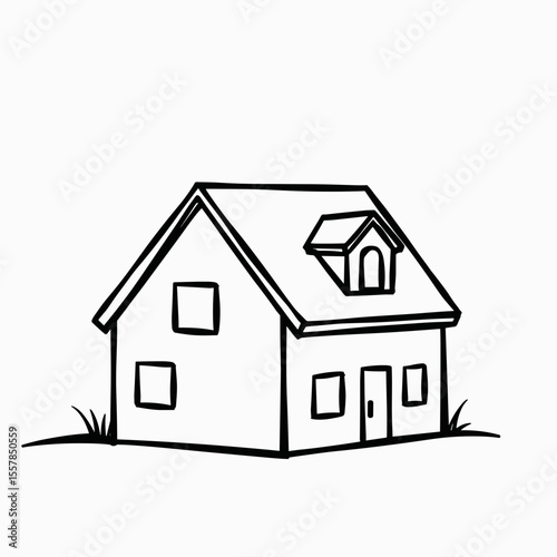 Simple black and white sketch of a house on a white background  