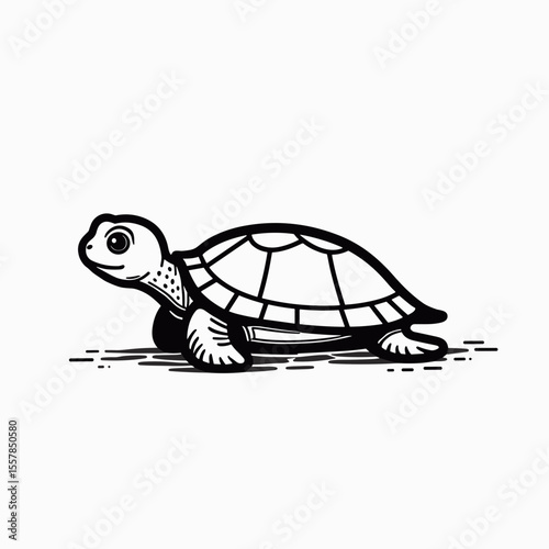 Black and white illustration of a turtle walking on the ground  