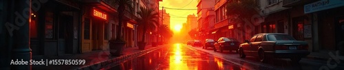 Apocalyptic Cityscape Heat Shimmers and Torrential Rain Collide in a Surreal Urban Juxtaposition of Extreme Weather, creating a bizarre and dramatic scene of natures power.