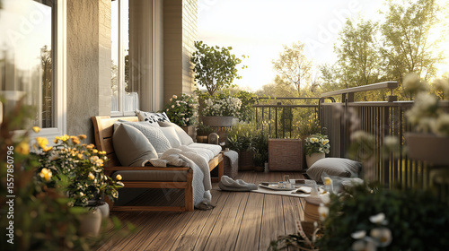 Cozy terrace with pillows, blankets, flowers in bloom, plants and string lights
