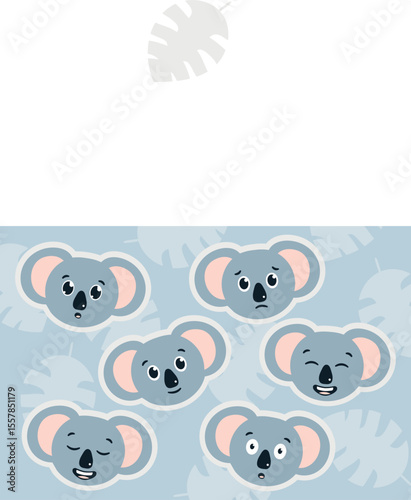 Set of Koala Faces in cartoon with different emotions - joy, surprise, sadness. Head of gray Bear. Expressive emoji Animal. Australian Character for stickers, children designs. Vector illustration