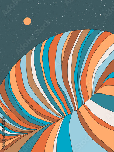 Geometric striped rock. Wavy colorful landscape. 1960s retro poster