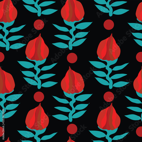 roses and polka dots on black background seamless pattern. red rose buds with red polka dots on black background seamless pattern. It is good for fabric, tiles, textile, decoration, wrapping and more.