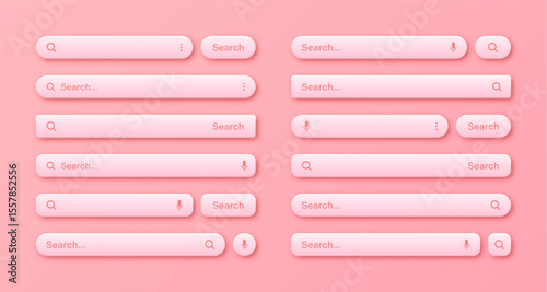 Colorful 3d search bar templates. Internet browser engine with search box, address bar and text field. UI design, website interface element with web icons and push button. Vector illustration