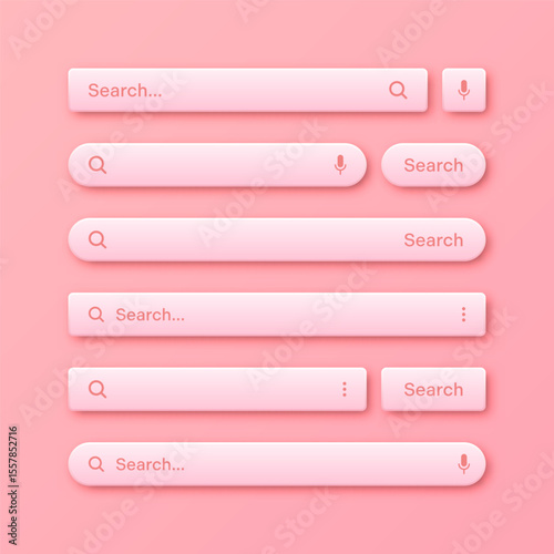 Colorful 3d search bar templates. Internet browser engine with search box, address bar and text field. UI design, website interface element with web icons and push button. Vector illustration