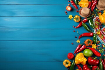 Mexican fiesta border with colorful vegetables, straw hat, and vibrant floral accents on rustic blue wood background, offering ample copy space