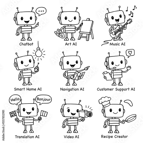 Set of 9 cute hand-drawn robot characters representing various AI technologies