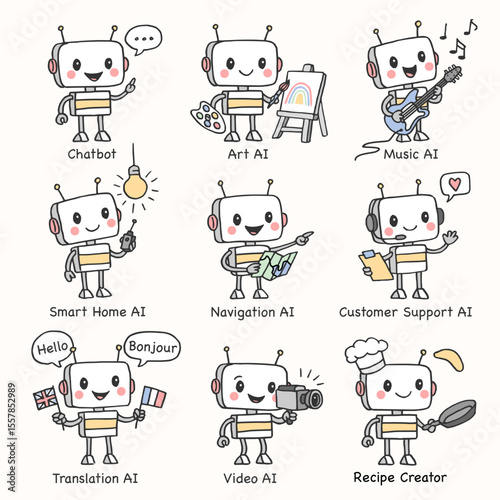 Set of 9 cute hand-drawn robot characters representing various AI technologies