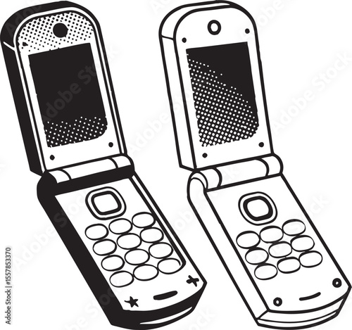 Two vintage flip phones with open screens and keypads isolated on a white background
